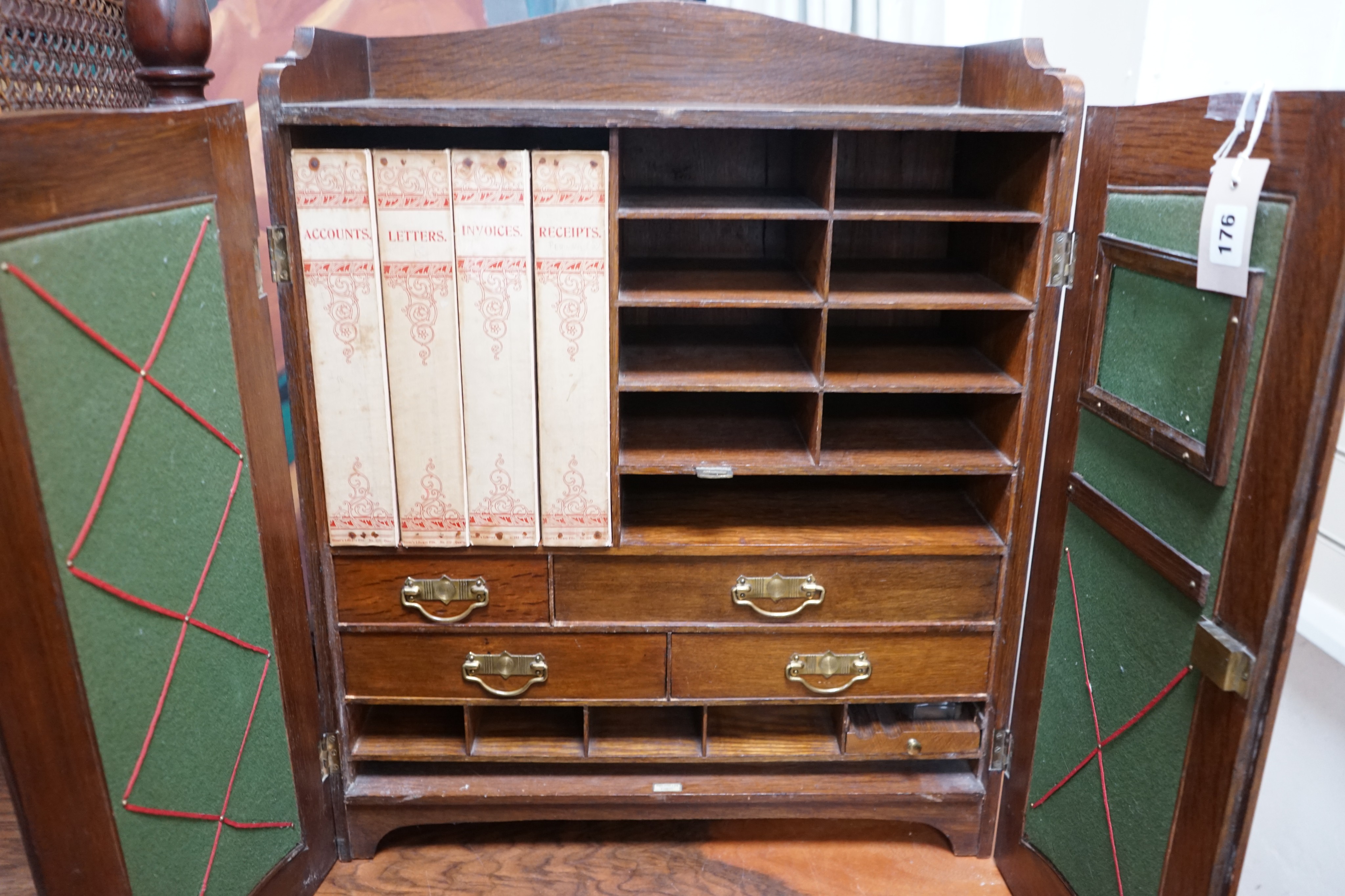 A late Victorian / Edwardian oak stationery cabinet with file interior, width 57cm, depth 29cm, height 72cm